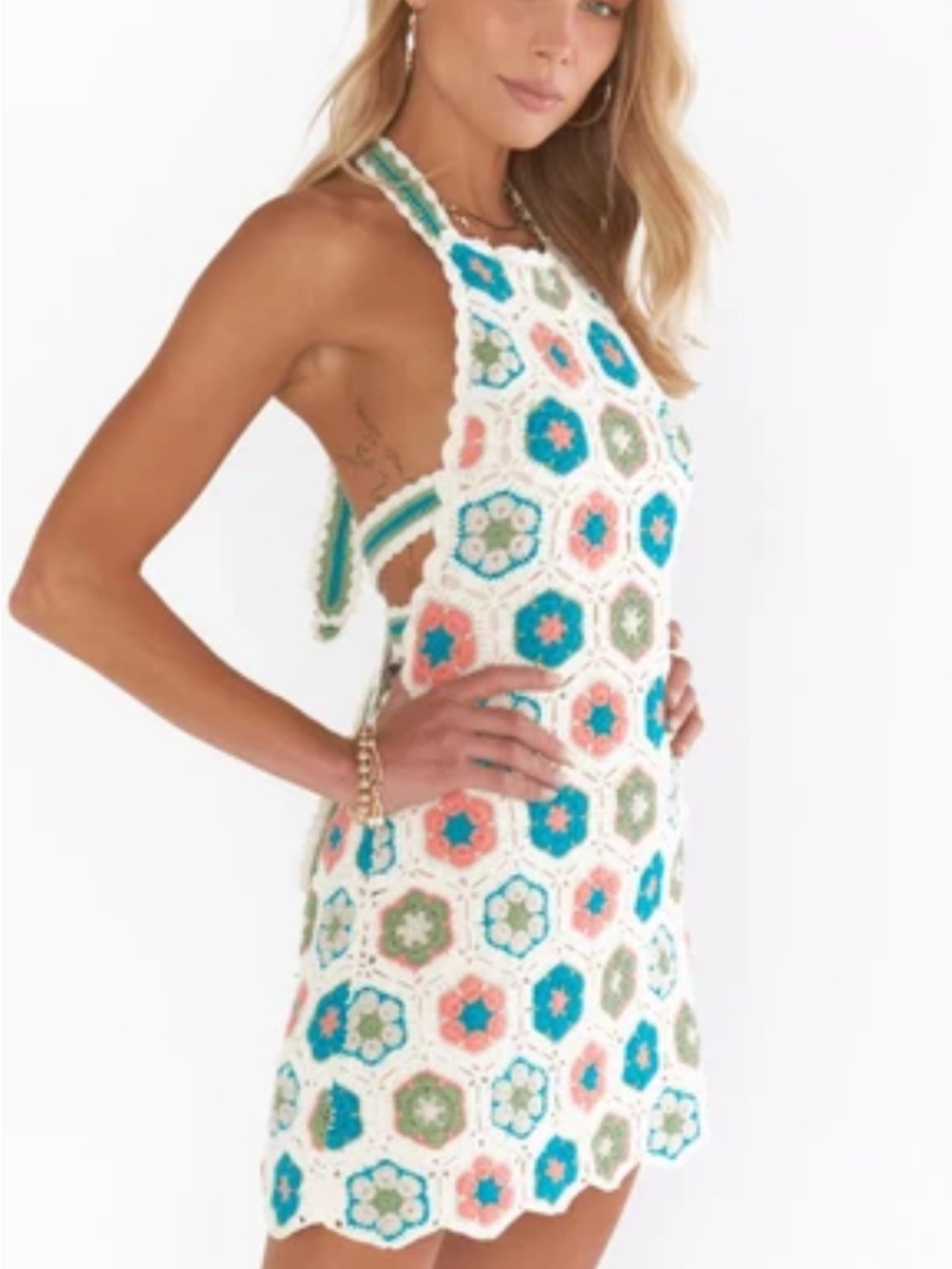 Show Me Your MuMu White Crochet Mini Dress with Teal, Coral, and Olive Accents